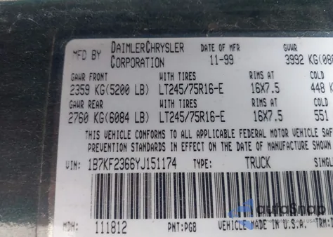 2000 Dodge Ram 2500 St from USA, damaged, VIN 1B7KF2366YJ151174